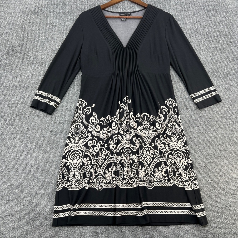 Vintage Morgan McFeeters Midi Dress‎ Women 10 Black White Damask Pleated Boho